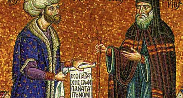 Mosaic: Ottoman Sultan Mehmed Fatih welcomes Gennadius II Scholarios (Ecumenical Patriarch of Constantinople in 1454-1464). Source: http://ru.wikipedia.org
 