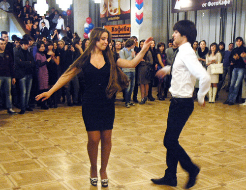 Students dancing lezginka at the first-year-students' party organized by "Elbrusoid" foundation in the Moscow Concert Hall "Izmailovsky", February 26, 2011.