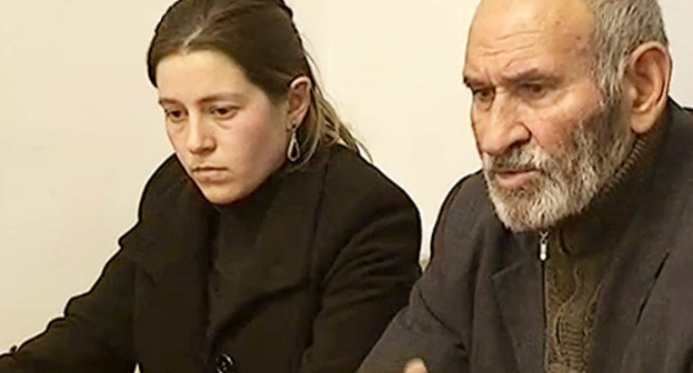 Gulnar Agaeva, the widow of Turadj Zeinalov and his father Shuriya Zeinalov at a press conference at the Institute for Reporters' Freedom and Safety (IRFS); Baku, December 5, 2011. Still from the video footage of the "Obyektiv TV Channel, www.obyektiv.tv
