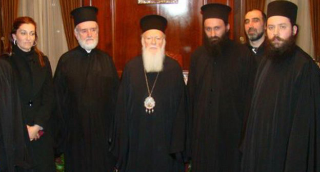 Meeting of the Ecumenical Patriarch with the Council of the Holy Metropolis of Abkhazia. Centre: Patriarch Bartholomew of Constantinople, third from the right – Archimandrite Dorotheus (Dbar), Chairman of the Holy Metropolis. Abkhazia, January 9, 2011. Photo by Angela Kuchuberiya for the "Caucasian Knot"