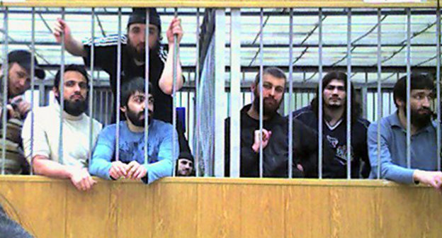 Defendants in the case about attack on Nalchik on October 13, 2005, at a court session, Kabardino-Balkaria, Nalchik, 2011. Courtesy of Maryam Akhmetova, a member of the Committee "Mothers of Kabardino-Balkaria in Defense of Human Rights and Freedoms"