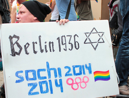 Poster against homophobia at the rally with an appeal to boycott Sochi Olympic Games. Berlin, August 31, 2013. Photo: Adam Groffmann, http://www.flickr.com/