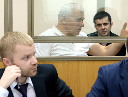Said Amirov (to the left) and Yusup Djaparov, defence is in the front of the courtroom. Rostov-on-Don, May 13, 2014. Photo by Oleg Pchelov for the "Caucasian Knot"