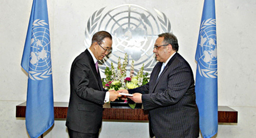 Yashar ALiev (to the right) - a new Azerbaijan's Permanent Representative to the United Nations - presents letters of credence to Pan Gi Mun, Secretary General of the United Nations, June 2014. Photo: UN Photo ? Paulo Filgueiras http://www.unmultimedia.org/photo/detail.jsp?id=591/591439&key=7&query=azerbaijan&lang=en&sf=