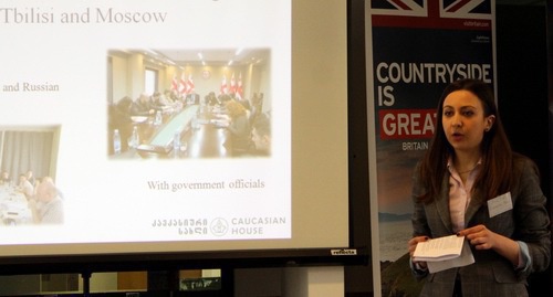 Moderator of the "Caucasian House" projects Ana Dvali talks about the projects of the organization in Southern Caucasus. Tbilisi, March 31, 2015. Photo courtesy of the  "Caucasian House"