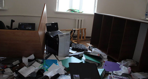 Furniture turned upside down in the Committee against Torture office in Grozny, June 3, 2015.