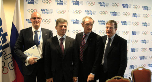 From left to rights: Dmitri Chernyshenko, Director General of Sochi-2014 Organizing Committee; Dmitri Kozak, Russian Vice-Premier of the Government of the Russian Federation; Jean-Claude Killi, Chairman of IOC Commission; Gilbert Felly, IOC Executive Director. Sochi, April 15, 2010. Photo by the "Caucasian Knot" 
