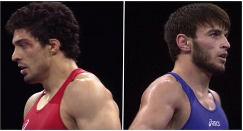 Shamil Kudiyamagomedov and Gadjimurad Rashidov after their victorious fights. Collage by the "Caucasian Knot" (screenshots of the videos at the website of the United world of wrestling organization, Unitedworldwrestling.org)