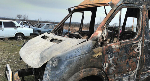 Burnt car of the members of the "Committee against Torture" (CAT). March 10, 2016. Photo courtesy of Djambulat Ozdoev, Ombudsman of Ingushetia