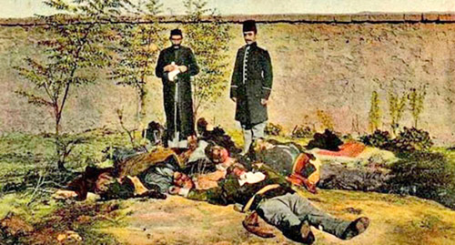 Muslims killed in Baku; Consul arrives to witness bodies. Iranian postcard. Photo: Carte Postale de Perse http://ru.wikipedia.org/ 