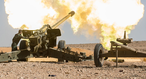 Artillery shelling. Photo: © Спутник/ Iliya Pitalev, http://sputnik.az/news/20160427/404862452.html