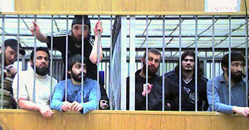 Defendants in the case of the attack on Nalchik on October 13, 2005, during a court session, Nalchik, Kabardino-Balkaria, 2011. Photo is provided by Mariam Akhmetova, member of Committee ‘Mothers of Kabardino-Balkaria in defense of people’s rights and freedoms’.