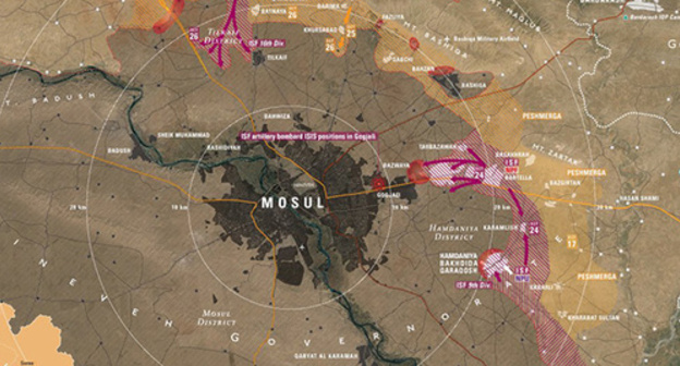 A map of the military activities near the eastern half of Mosul. Photo https://southfront.org/wp-content/uploads/2016/08/mosul-frontline-and-forces.png
