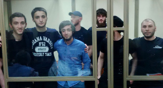 The figurants in KBR’s caliphate case: Islam Shogenov, Kantemir Zheldashev, Ruslan Kipshiev, Zaur Tekuzhev, Ruslan Zhugov, Oleg Miskhozhev, and Artur Karov (from left to right). Photo courtesy of Ruslan Uzuev