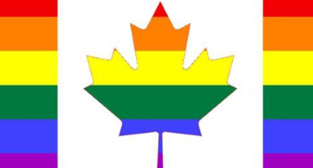 The Canadian flag painted in the LGBT rainbow colors. Photo: http://mysocalledgaylife.co.uk