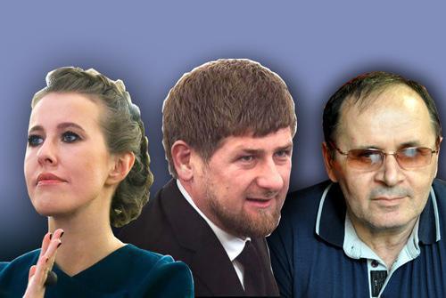 Ksenia Sobchak, Ramzan Kadyrov, and Oyub Titiev. Collage by the "Caucasian Knot". Photo: REUTERS/Maxim Shemetov, REUTERS/Sergei Karpukhin, Mariya Shischenkova, press service of the HRC "Memorial"