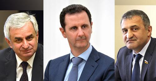 Raul Khadjimba, Bashar al-Assad, Anatoly Bibilov (from left to right). Collage by the "Caucasian Knot". Photo by the press service of the President of Russia https://ru.wikipedia.org