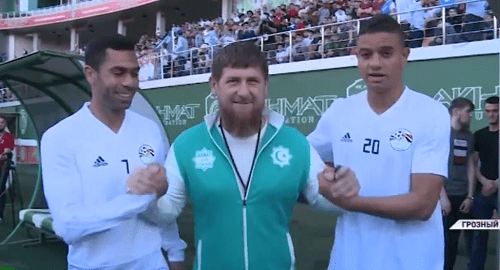 Ramzan Kadyrov with the Egyptian national football team players. Screenshot of the video report by the Grozny TV Channel on June 10, 2018 https://www.youtube.com/watch?v=JCkgo4v_KnA