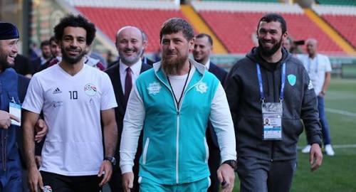 Mohamed Salah, Ramzan Kadyrov and Magomed Daudov (from left to right) visit stadium in Grozny. Photo by provided by press service of the Chechen Parliament, http://www.parlamentchr.ru/press-centre/news/7382-v-groznyj-pribyla-sbornaya-egipta-po-futbolu