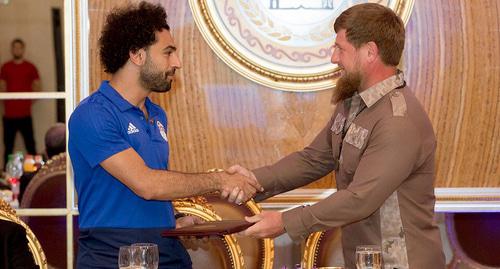 Ramzan Kadyrov congratulates Mohamed Salah on awarding him the title of honorary citizen of Chechnya. Photo by the press service of the head of Chechnya, Ramzan Kadyrov's official page on "VKontakte" social network https://vk.com/ramzan?z=photo279938622_456259104%2Fwall279938622_271947