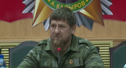 Kadyrov at the meeting with law enforcers. Screenshot of the Grozny TV Channel report https://www.youtube.com/watch?v=Hfo3TU0-nQg