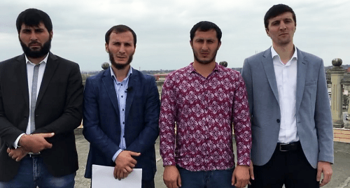 Khasan Katsiev, Bagaudin Khautiev, Ismail Bulguchev and Ismail Nalgiev (from left to right). Screenshot of the activists' video appeal to authorities on Chechnya's territorial claims to Ingushetia, September 4, 2018 https://www.youtube.com/watch?v=CsqZFGulDF8&amp;t=48s" class="main_article_image
