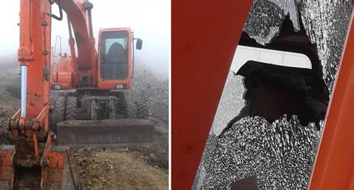 An excavator after shelling. Photo courtesy of the patrol officers of Azerbaijan, collage by the "Caucasian Knot"