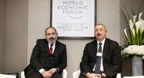 Nikol Pashinyan's (on the left) meeting with Ilham Aliev in Davos. January 22, 2019. © Photo / official site of the Prime minister of RA https://ru.armeniasputnik.am/politics/20190122/16897380/Besedovali-poltora-chasa-Pashinyan-rasskazal-o-vstreche-s-Alievym-v-Davose.html