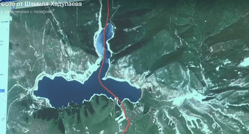 A map fragment with the border between  Dagestan and Chechnya across Lake Kezenoi-Am. Screenshot of a picture published on Shamil Khadulaev's page
