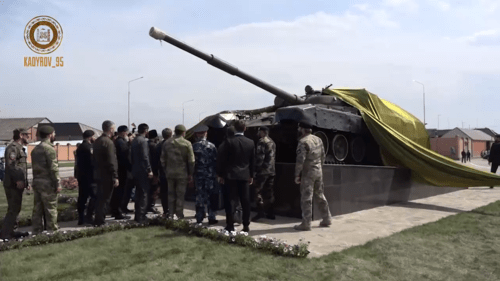 Screenshot of the opening of the T-72 tank monument in Shali on May 2, 2019, https://vk.com/wall279938622_395197