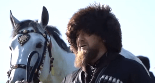 Ramzan Kadyrov at a horse ride on April 30, 2019. Screenshot of the video by the Grozny TV channel https://www.youtube.com/watch?v=iTAEOhHMv3Q