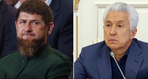 Ramzan Kadyrov (on the left) and Vladimir Vasiliev. Collage by the "Caucasian Knot". Photo: REUTERS/Maxim Shemetov, screenshot of the video by RIA Novosti Dagestan https://www.youtube.com/watch?v=g6P9V0-3pNY