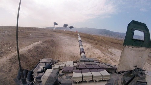 The Azerbaijani tank during military exercises. Photo by the press service of  the Ministry of Defence for Azerbaijan https://mod.gov.az