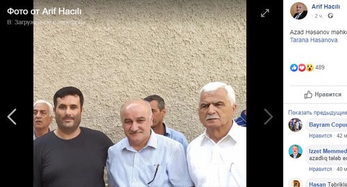 Azad Gasanov (left) with the head of the 'Musavat' party Arif Gadjily (centre) and head of the 'Musavat' administration Gulaga Aslanly. Screenshot of Facebook personal page: https://www.facebook.com/photo.php?fbid=2732400283455211&set=a.721222927906300&type=3&theater
