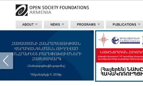Screenshot of the homepage of the "Open Society Foundations – Armenia" website