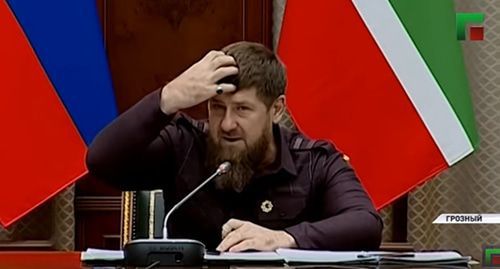 Ramzan Kadyrov at a meeting with the Chechen government, November 5, 2019. Screenshot from the video posted by ChGTRK 'Grozny' at https://www.youtube.com/watch?v=rPQzE5F2u0w