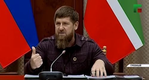 Ramzan Kadyrov at a meeting with the Chechen government, November 5, 2019. Screenshot from the video posted by ChGTRK 'Grozny' at https://www.youtube.com/watch?v=rPQzE5F2u0w