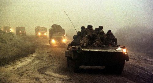 Russian military vehicles entering Tolstoy-Yurt. Photo by REUTERS
