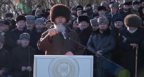 Salakh Mezhiev, the Mufti of Chechnya, speaks at the event in Shali dedicated to Kunta-haji Kishiev's memory on January 3, 2020. Screenshot of the video posted on the YouTube channel of the Spiritual Administration of Muslims (SAM) of Chechnya https://www.youtube.com/watch?v=EW4RJdc3QQc