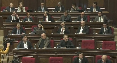 A session of the Armenian parliament. Screenshot of the video posted on the Parliament of Armenia YouTube channel https://www.youtube.com/watch?v=f3jb0AtXRxA&amp;feature=emb_title