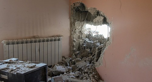 Hole in a wall from shelling attack of Azerbaijan. Photo: © Facebook / Արցախ / Տեղեկատվական շտաբ