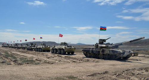 Military vehicles with flags of Azerbaijan and Turkey. Photo: press service of the Ministry of Defence of Azerbaijan