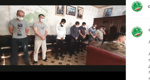 Seven men detained in the Kurchaloi District are reprimanded in the police department. Screenshot of the video by "Chechnya Online" on Instagram https://www.instagram.com/p/CEgy-T4HfHf/on Instagram