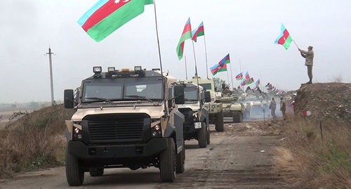 A convoy of Azerbaijani military vehicles. Photo by the press service of the Ministry of Defence of Azerbaijan https://mod.gov.az/ru/news/azerbajdzhanskaya-armiya-vodruzila-azerbajdzhanskij-flag-v-agdame-video-33862.html