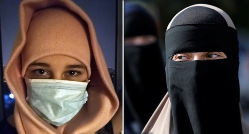 A girl wearing a medical mask / a girl wearing a niqab. Collage by the "Caucasian Knot". Photo by Nina Tumanova / Photo REUTERS, Andrew Kelly