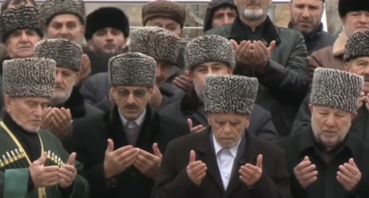 Ingush elders addressed to the Balkar people on the occasion of the 80th anniversary of their deportation to Central Asia. Screenshot of the video published on the Magas Times channel https://www.youtube.com/watch?v=72AsFIXQCE4 (the activities of the Meta Company, owning Facebook, Instagram, and WhatsApp, are banned in Russia)