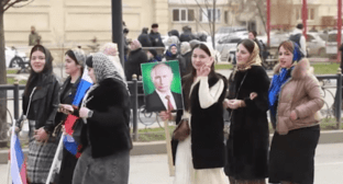 Participants of a rally in support of Putin. Screenshot of the video posted on Ramzan Kadyrov's Telegram channel on March 10, 2024 https://t.me/RKadyrov_95/4579