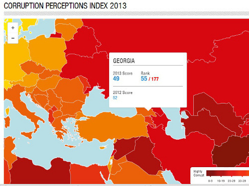 Georgia's result on the interactive map of Corruption Perceptions Index 2013, published by the international non-governmental organization "Transparency International", http://cpi.transparency.org/cpi2013/results/