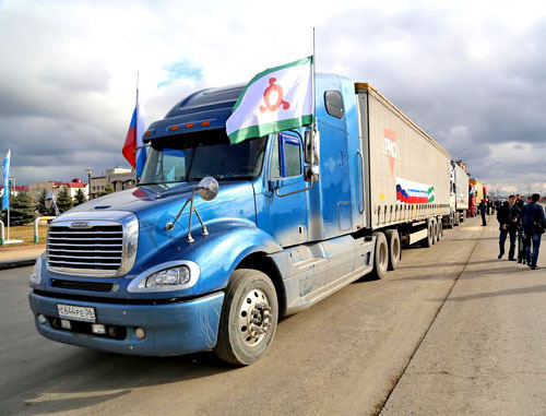 One of four trucks with humanitarian aid for the people of Crimea which was sent from Magas to Simferopol. Ingushetia, March 13, 2014. Photo by the press service of the president of the republic of Ingushetia