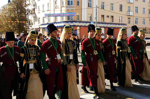 Participants of the Sixth International Festival of Adyg (Circassian) Culture marching in the streets of Maikop. October 2, 2014. Photo by the press service of the Ministry for Culture of Adygea https://www.facebook.com/groups/685045851584727/photos Participants of the Sixth International Festival of Adyg (Circassian) Culture marching in the streets of Maikop. October 2, 2014. Photo by the press service of the Ministry for Culture of Adygea https://www.facebook.com/groups/685045851584727/photos